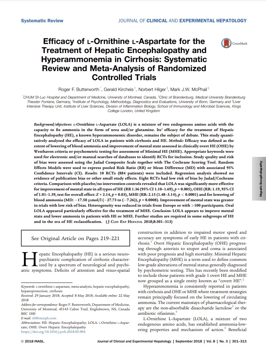 Efﬁcacy of L-Ornithine L-Aspartate for the Treatment of Hepatic Encephalopathy and Hyperammonemia in Cirrhosis: Systematic Review and Meta-Analysis of Randomized Controlled Trials