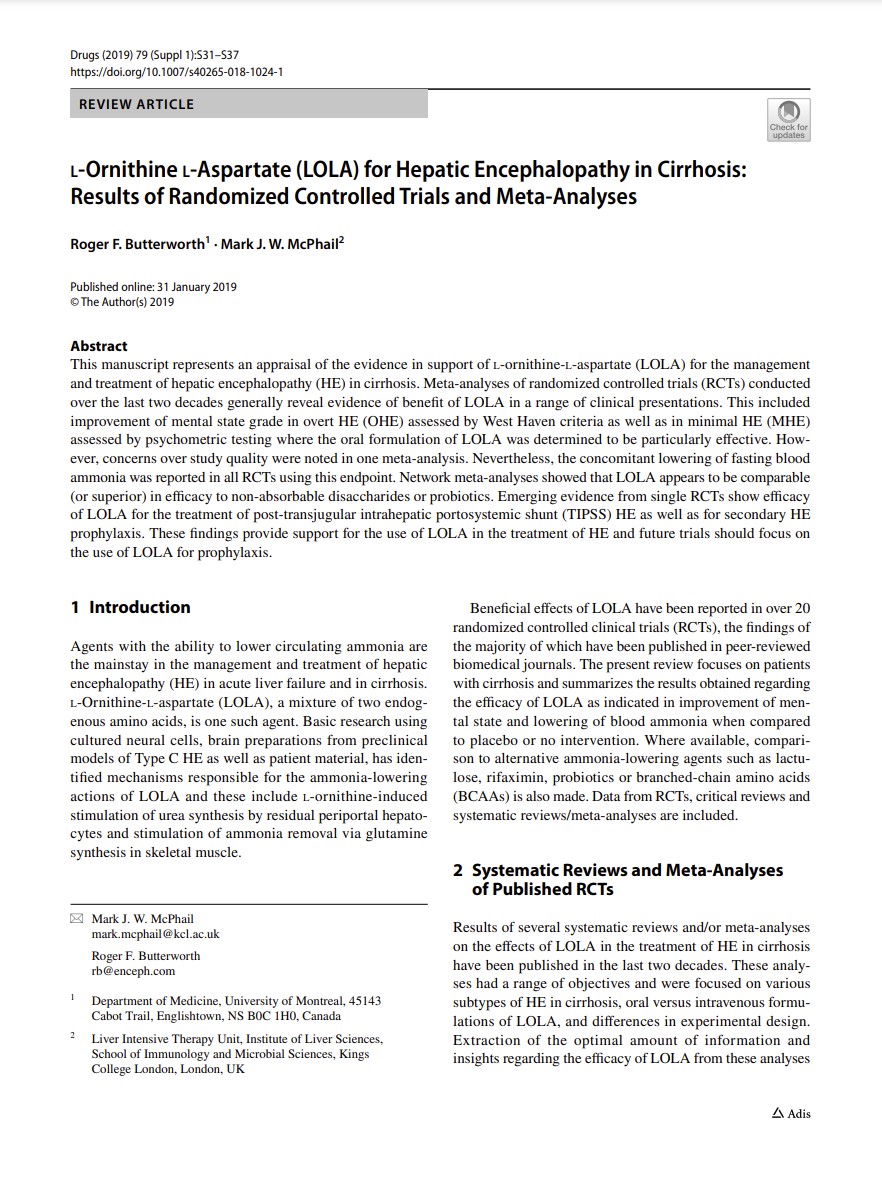 l-Ornithine l-Aspartate (LOLA) for Hepatic Encephalopathy in Cirrhosis: Results of Randomized Controlled Trials and Meta Analyses